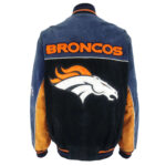 Back View Denver Broncos Suede Leather Jacket Featuring Embroidery Spell With Logo and rib knit hemline