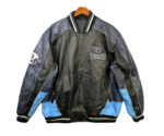 Front view of Tennessee Titans NFL leather jacket featuring team logo on chest, black and blue color design, rib-knit collar and cuffs, and side waist pockets.