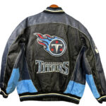 Back view of Tennessee Titans NFL leather jacket showcasing large team logo and spell-out branding, black and blue leather with rib-knit trim.