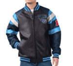 Front View Of Tennessee Titans Leather Varsity Jacket Featuring Rib Knit collar, cuffs And Zipper Closure.