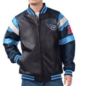Front View Of Tennessee Titans Leather Varsity Jacket Featuring Rib Knit collar, cuffs And Zipper Closure.