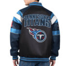 Back View Of Tennessee Titans Leather Varsity Jacket Logos Eye Graphics.