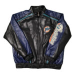 front view of miami dolphins leather jacket embroidered logo on chest zipper closure.