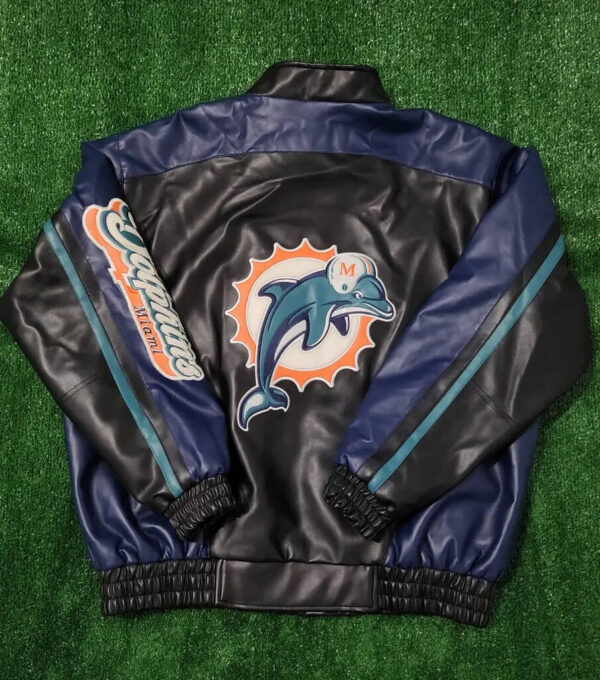 back view of miami dolphins leather jacket left sleeve spell patch with big logo on back embroidered eye graphics.