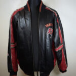 Front View Of Tempa Bay Buccaneers Jacket Featuring Rib Knit Collar, Cuffs And Embroidery Chest Logo