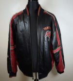 Front View Of Tempa Bay Buccaneers Jacket Featuring Rib Knit Collar, Cuffs And Embroidery Chest Logo