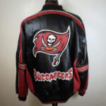 Front View Of Tempa Bay Buccaneers Jacket Featuring Embroidery Logo With Spell.