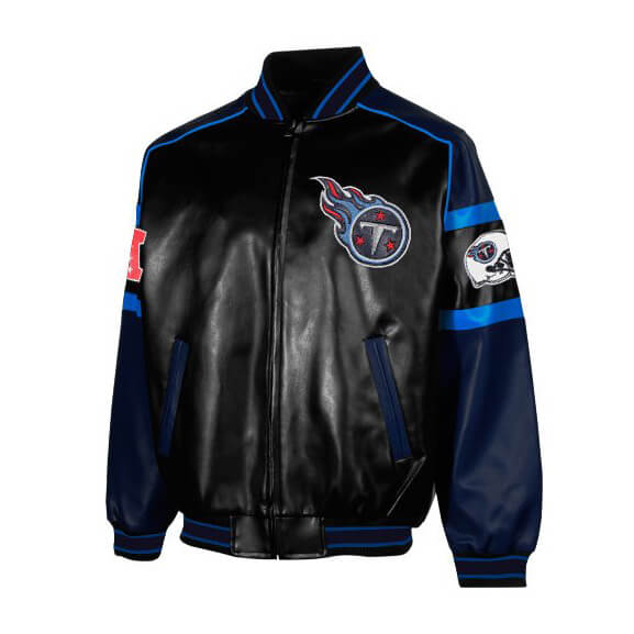 NFL-Tennessee-Titans-Football-Team-Leather-Jacket-1 Front View Of Tennessee Titans Leather Jacket Rib Knit Collar, Cuffs, And, Waistband.