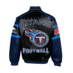 Front View Of Tennessee Titans Leather Jacket Embroider Work on the back.