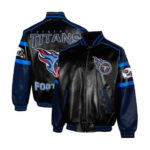 Both View Of Tennessee Titans Leather Jacket Featuring Chest arms and back logo