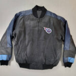 Front View Of Tennessee Titans Leather Jacket Featuring Rib Knit Collar, Cuffs and waistband.