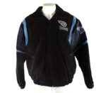Front View Of Tennessee Titans Suede Leather Jacket Featuring Zipper Closure Embroidery Chest Logos.