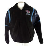 Front View Of Tennessee Titans Suede Leather Jacket Featuring Zipper Closure Embroidery Chest Logos.