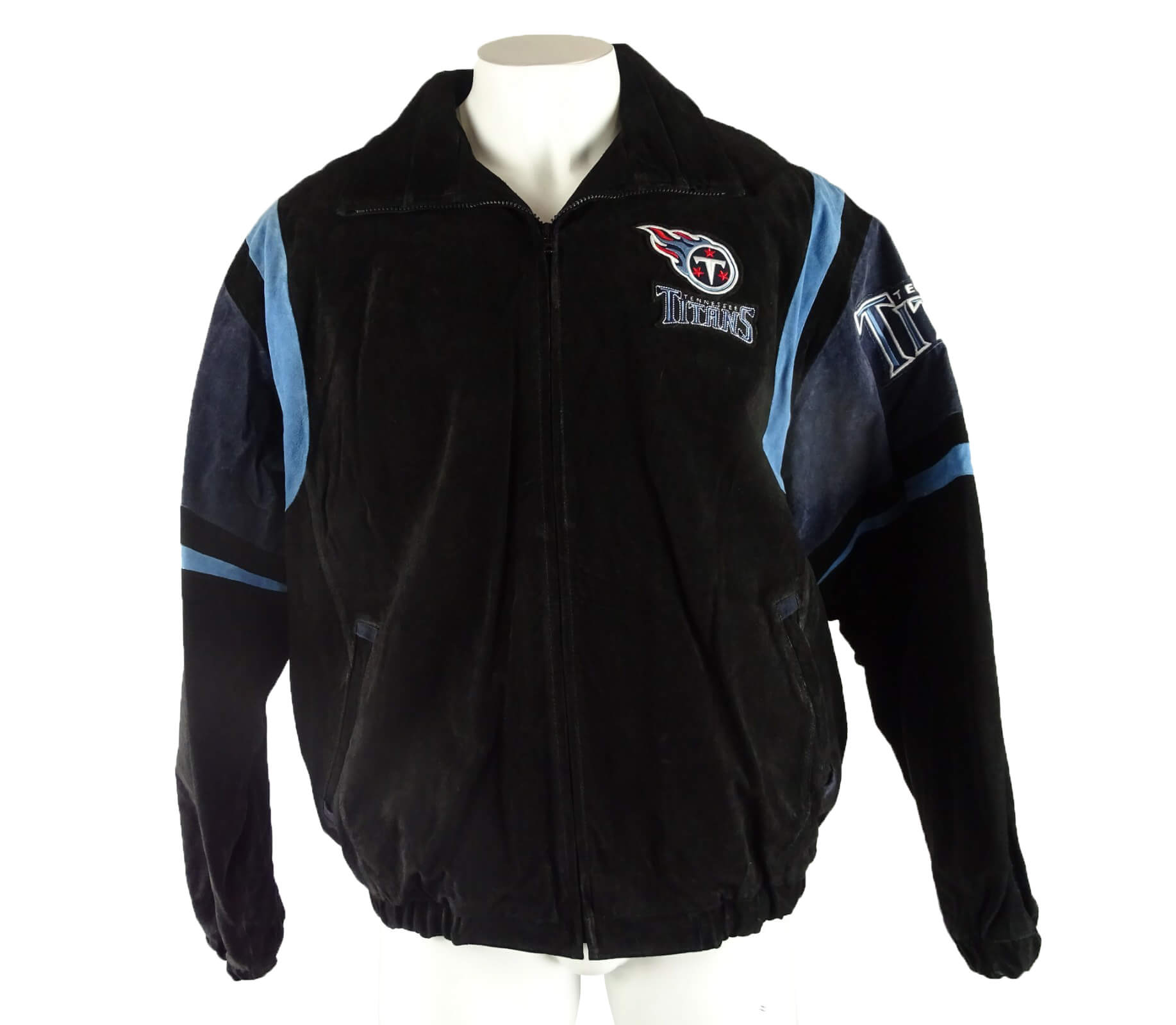 NFL-Tennessee-Titans-Full-Zip-Suede-Leather-Jacket-1 Front View Of Tennessee Titans Suede Leather Jacket Featuring Zipper Closure Embroidery Chest Logos.