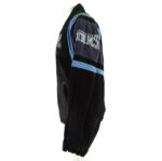 Left Side View Of Tennessee Titans Suede Leather Jacket Embroidered Spell With Elastic Cuffs.