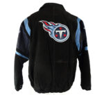 Back View Of Tennessee Titans Suede Leather Jacket Elastic Waistband And Patch Logo.