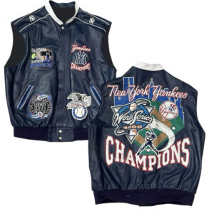 "NY Yankees World Series 2000 Champions Leather Vest – Navy blue sleeveless jacket with embroidered Yankees logos, Subway Series patches, and 'Champions' graphic on back, commemorating the 2000 MLB victory"