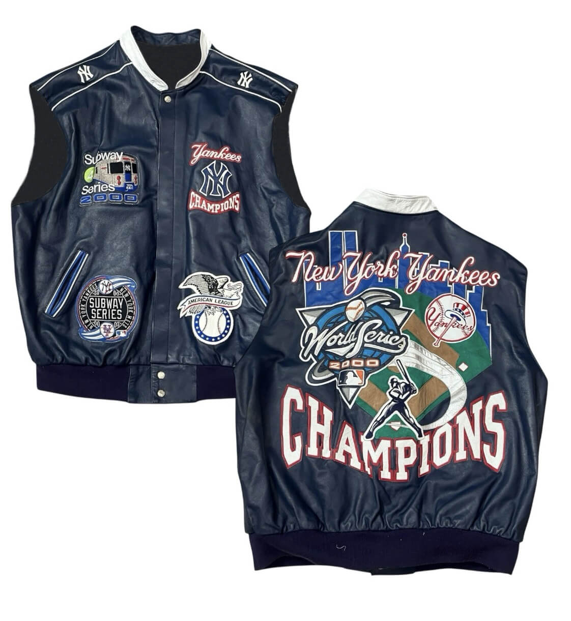 NY-Yankees-World-Series-2000-Champions-Leather-Vest-1 "NY Yankees World Series 2000 Champions Leather Vest – Navy blue sleeveless jacket with embroidered Yankees logos, Subway Series patches, and 'Champions' graphic on back, commemorating the 2000 MLB victory"