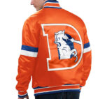 Back View Of Denver Broncos Satin Jacket Featuring embroidery Big Logo eye graphics.