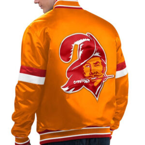 "Back view of orange Tampa Bay Buccaneers satin jacket showcasing the classic 'Bucco Bruce' logo, with red and white sleeve stripes and ribbed detailing on the waistband and collar."