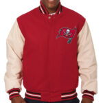 Front View Of Tampa Bay Buccaneers Varsity Jacket Featuring Eib Knit Collar, Vuufs and Applic Chest Logo.