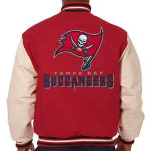 Back View Of Tampa bay Buccaneers Varsity jacket Eye Graphic Applic Logo With Spelling Rib KNit Hemline.
