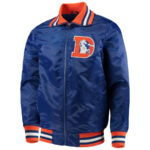 Front View Of Denver Broncos Satin Jacket Featuring Zip-Up Collar, Rib KNit Cuffs.