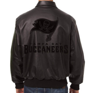 Back View Of Tampa Bay Buccaneers Varsity Jacket Black Apllique Logos