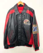 Front View Of Tampa Bay Buccaneers Leather Jacket Featuring Shirt Style With Rib Knit Collar, cuffs. Chest logo