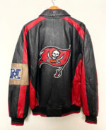 Back View Of Tampa Bay Buccaneers Leather Jacket Featuring Left Arm Logo With Back Embroidery Logos eye Graphic work.