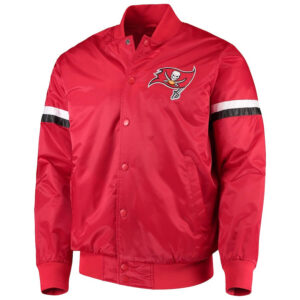 Front View Of Tampa Bay Buccaneers Satin jacket Featuring Embroidery Chest Logo,