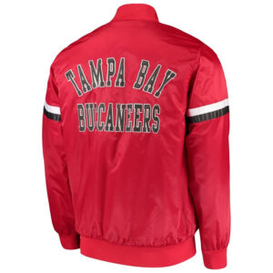 Back View Of Tampa Bay Buccaneers Satin jacket Featuring Embroidery Back Spell Sides stripes.