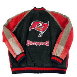 Back View Of Tampa Bay Buccaneers Suede Leather Jacket Featuring Embroidery Back Logo with spell Rib Knit Cuffs and waistaband.