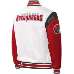 Back View Of Tampa Bay Buccaneers Satin Jacket embroidery Right Arm logo.