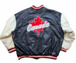 Back View Of Canada Flag Varsity Jacket Rib Knit Collar, Cuffs, And, Waistaband.