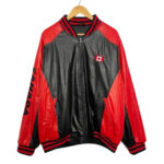 Front View Of Canada Ice Hockey Leather Jacket Featuring Zipper Closure, Rib KNit Collar