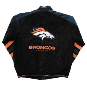 "Back view of Vintage Denver Broncos suede leather varsity jacket featuring large embroidered Broncos logo and Denver Broncos text in team colors."