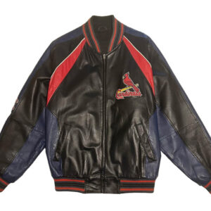 Front View Of St. Louis Cardinals Jacket Featuring Zipper Closure, Rib Knit Collar, Cuffs.