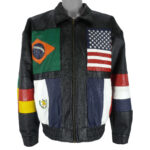 Front view of multi flags leather jacket & shirt style collar