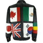 back view of multi flags leather jacket & snap cuffs elastic waistband