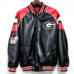 Vintage NCAA Georgia Bulldogs leather bomber jacket front view featuring team logo and Uga mascot patch on sleeve, black and red varsity style.