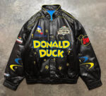 front view of nascar donald duck jacket featuring stand up collar, snap cuffs.