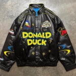 front view of nascar donald duck jacket featuring stand up collar, snap cuffs.