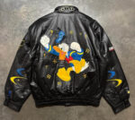 front view of nascar donald duck jacket featuring embroidery big logos eye graphics elastic hemline.
