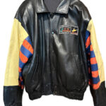 front view of dive deep sea leather jacket featuring shirt style embroidered on chest waist pockets.