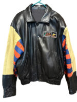 front view of dive deep sea leather jacket featuring shirt style embroidered on chest waist pockets.