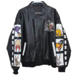 Looney Tunes leather jacket front with cartoon character patches and logo.