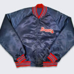 Front View of Atlanta Braves satin Jacket Featuring Rib Knit Collar, Cuffs, And Waistband.