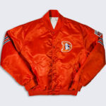 front view of denver broncos orange jacket featuring rib knit collar and cuffs.