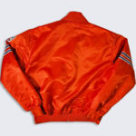 back view of denver broncos orange jacket featuring both arms stripes and rib knit waistband.